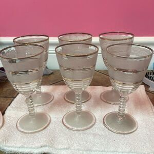 Set of 6 mid-century frosted glass and gold trim stem goblets